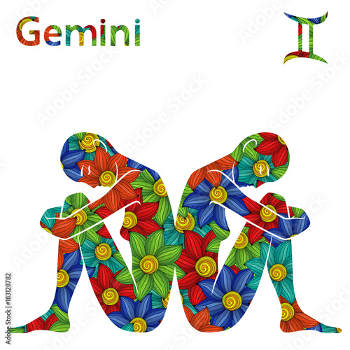 Zodiac sign Gemini with stylized flowers