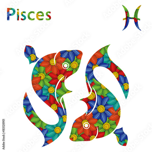 Zodiac sign Pisces with stylized flowers