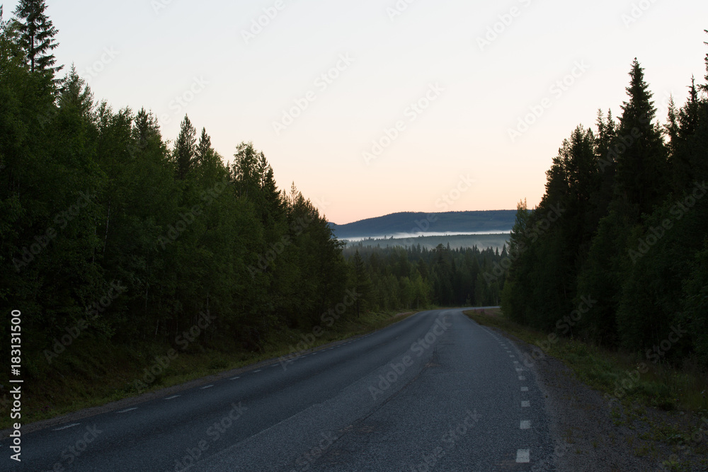 Typical road in Scandinavia, Polar day, Northern Finland