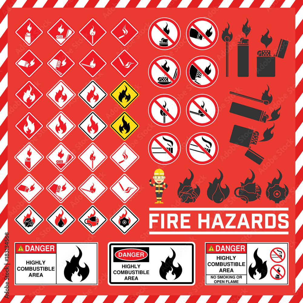 Set of safety signs and symbols of fire hazard, Fire hazard warning