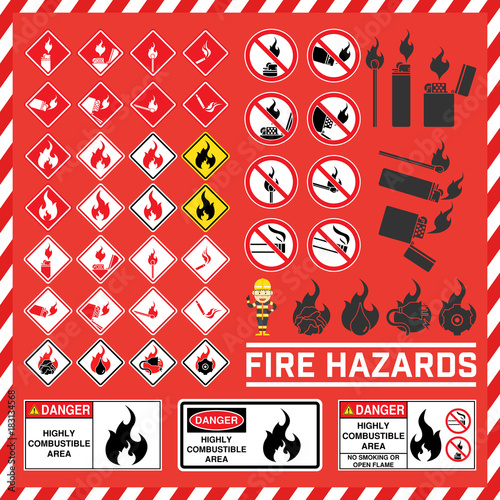 Set of safety signs and symbols of fire hazard, Fire hazard warning signs, Highly combustible area signs
