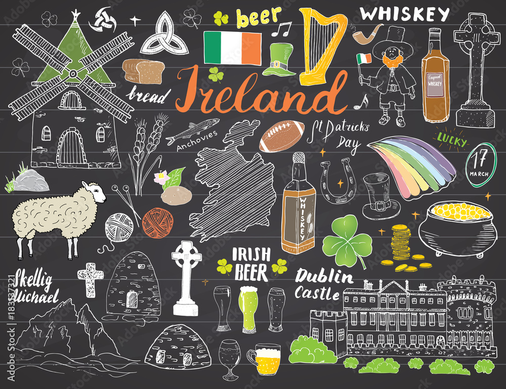 Obraz premium Ireland Sketch Doodles. Hand Drawn Irish Elements Set with flag and map of Ireland, Celtic Cross, Castle, Shamrock, Celtic Harp, Mill and Sheep, Whiskey Bottles and Irish Beer, Vector on chalkboard