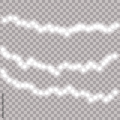 Image with Christmas lights isolated on transparent background. Vector illustration of glowing lights for Xmas holiday. Set of Christmas decorations. Realistic design elements. For greeting card.