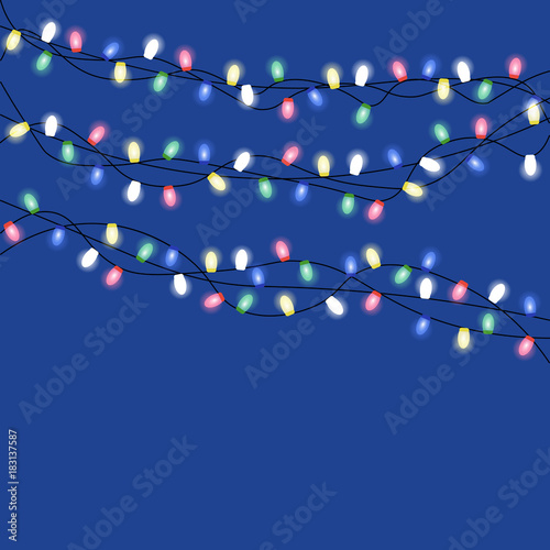 Image with Christmas lights isolated on transparent background. Vector illustration of glowing lights for Xmas holiday. Set of Christmas decorations. Set of color garlands. Realistic design elements.