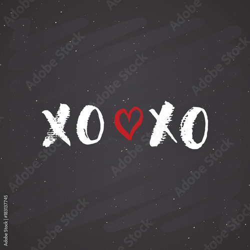 XOXO brush lettering sign, Grunge calligraphiv c hugs and kisses Phrase, Internet slang abbreviation XOXO symbols, vector illustration on chalkboard background