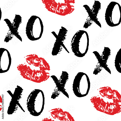 XOXO brush lettering signs seamless pattern, Grunge calligraphiv c hugs and kisses Phrase, Internet slang abbreviation XOXO symbols, vector illustration isolated on white background
