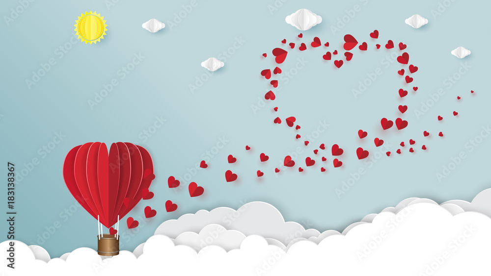 Hot air balloon in heart shape and flying red origami hearts with paper art style.Love and valentine day concept design.Vector illustration.