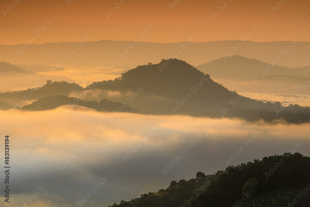 Phu Pha Dak, Landscape sea of mist on Mekong river in border  of  Thailand and Laos, Nongkhai province Thailand.