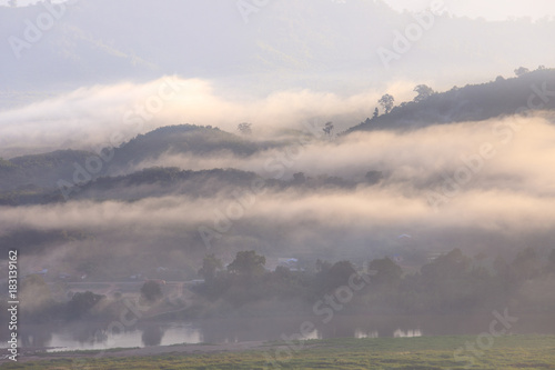 Phu Pha Dak, Landscape sea of mist on Mekong river in border of Thailand and Laos, Nongkhai province Thailand.