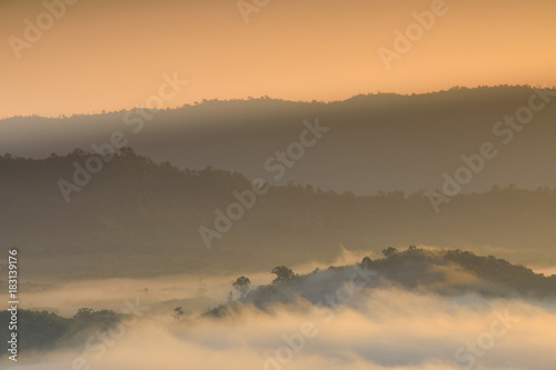 Phu Pha Dak, Landscape sea of mist on Mekong river in border of Thailand and Laos, Nongkhai province Thailand. © Nakornthai