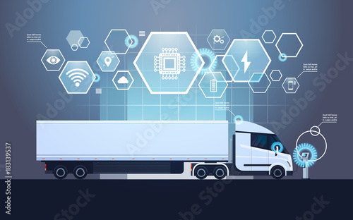 Set Of Infographic Elements With Modern Semi Truck Trailer Charging At Electic Charger Station Vector Illustration