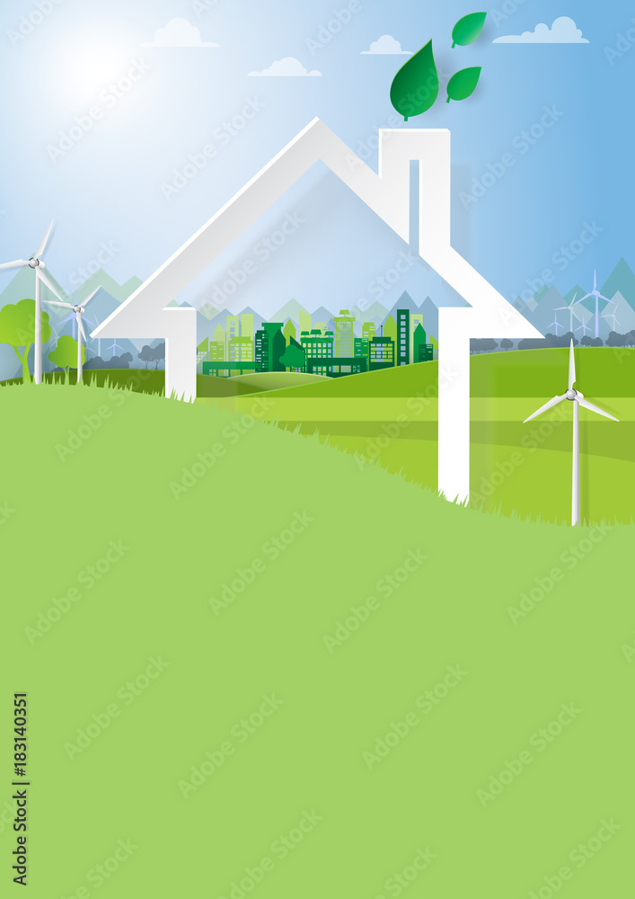 Nature landscape with green city abstract background paper art style.Save the world and environment conservation concept.Vector illustration.