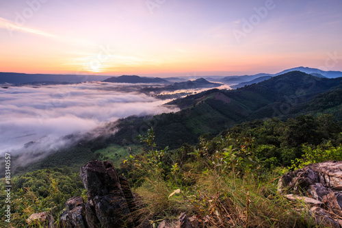 Fototapeta Naklejka Na Ścianę i Meble -  Phu Pha Dak, Landscape sea of mist on Mekong river in border  of  Thailand and Laos, Nongkhai province Thailand.