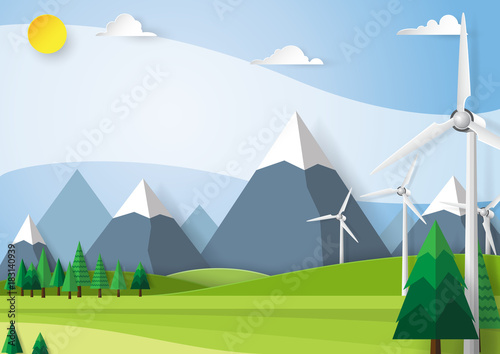Nature landscape paper art style.Save the world and environment conservation concept.Vector illustration.