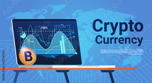 Bitcoin On Laptop Computer Over World Map Digital Web Money Crypto Currency Concept Vector Illustration