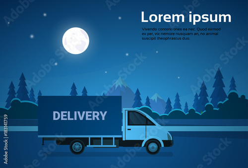 Cargo Truck Van On Road At Night With Mountains Background Shipment And Delivery Concept Flat Vector Illustration