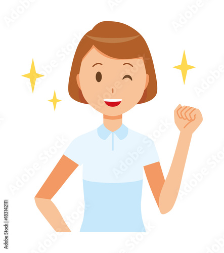 A female nurse wearing a white uniform is raising his fist