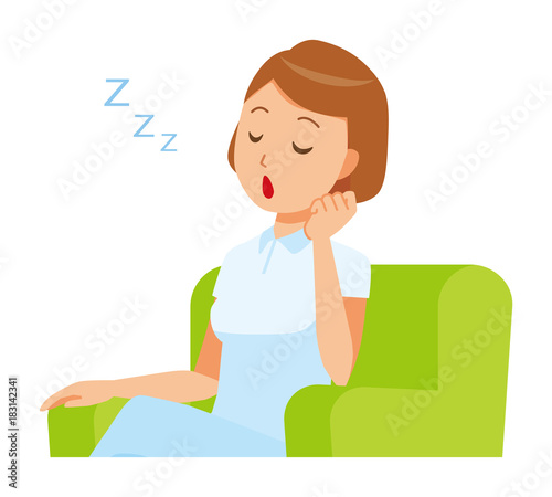 A woman nurse wearing a white uniform is sitting on a sofa and falling asleep