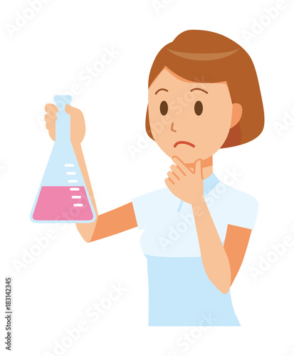 A female nurse wearing a white uniform has an Erlenmeyer flask