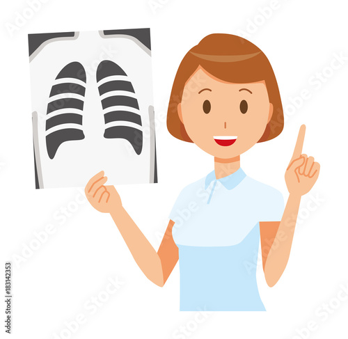 A female nurse wearing a white uniform has an X-ray picture