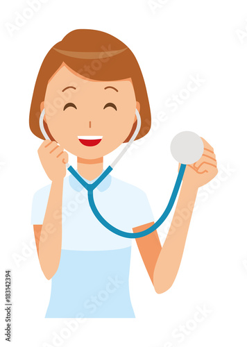 A female nurse wearing a white uniform has a stethoscope