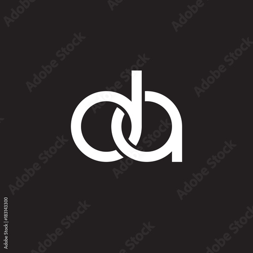 Initial lowercase letter da, overlapping circle interlock logo, white color on black background