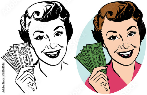A smiling woman holding a handful of dollar bills.