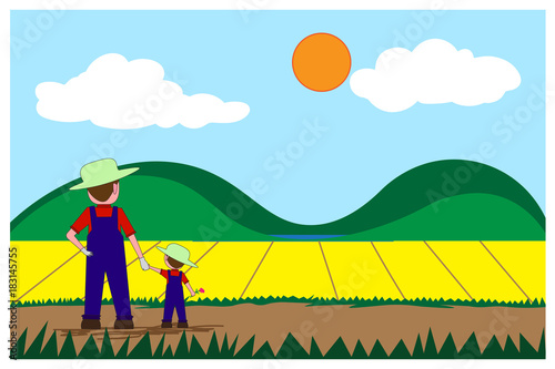 Farmer and boy stand holding hand ,Look to the growing garden plants.  Background concept development for business cultivation and flat cartoon wide angle view.  -Vector illustration eps 10