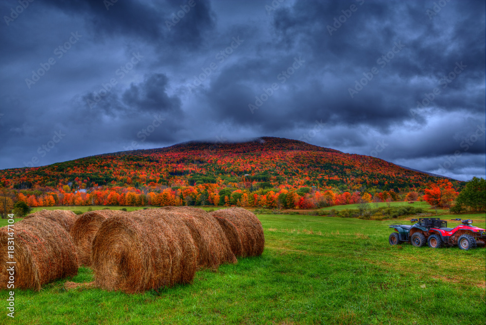 Upstate NY, bales of hay and fall foliage colors