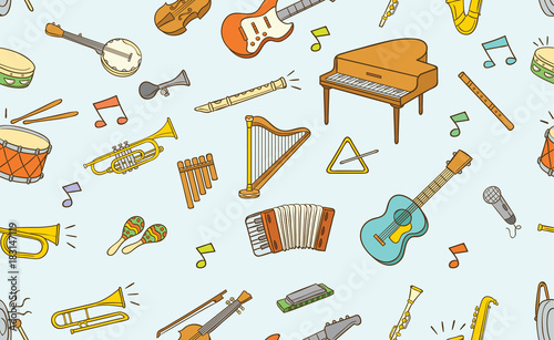 Seamless pattern of doodle musical instrument in color