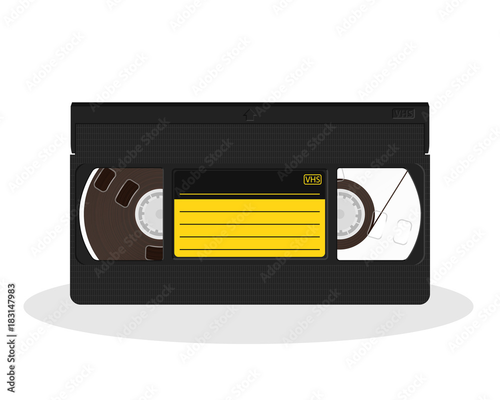 Naklejka premium Retro video cassette with black and yellow sticker isolated on a white background. Vintage style movie storage icon.
