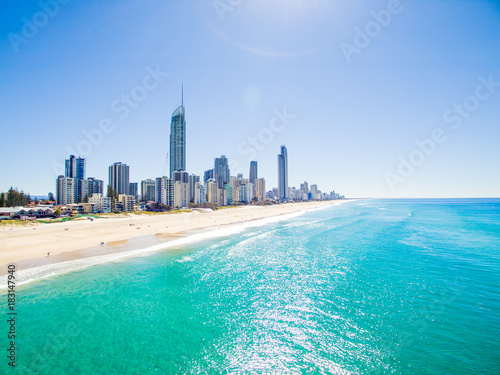 An aerial view of the Surfers Paradise skyline on a clear day in Queensland, Australia