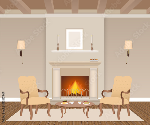 Living room interior with fireplace, armchairs, candles, lamps and photoframes.