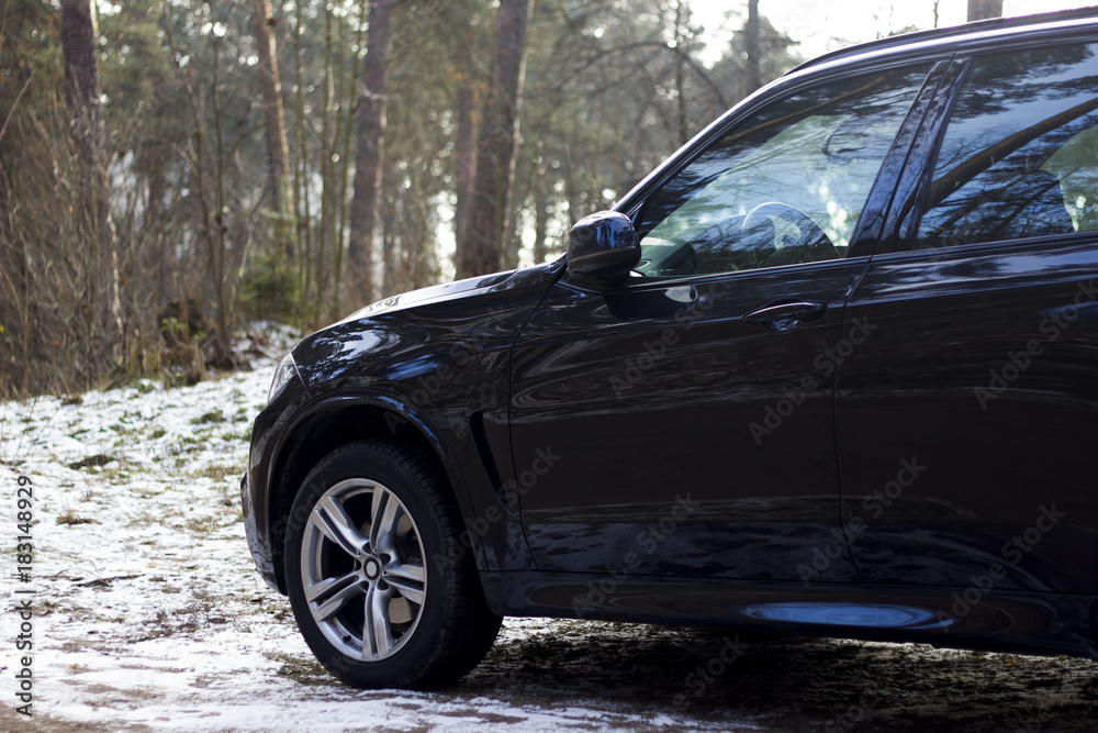 the car is on the side of a forest road the car is on the side of a forest road