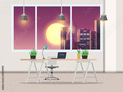 Office with work desk and window Night City, vector illustrations