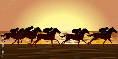 Obraz na płótnie Horse racing beach , Racecourse, Jockey, silhouette, Evening