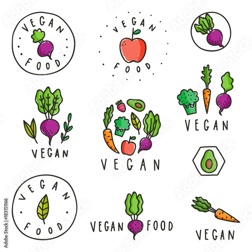 Set of vegan food badges. Different vegetables. Vector hand drawn signs