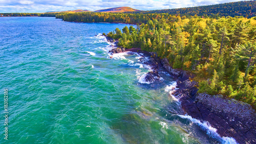 Lake Superior Coastline Rocks Waves Fall Forest Aerial