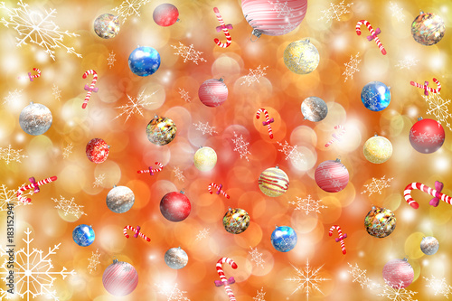 красивая иллюстрация новогоднего фона с елочными игрушкой и конфетой на цветном фоне 