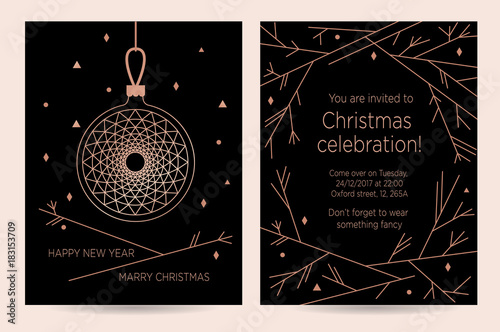 Christmas celebration. New Year invitation card for the party. Vector template for greeting card with text. Pink Christmas ball and stylized branches of a Christmas tree on a black background