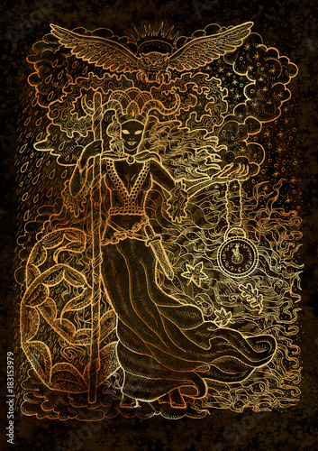 November month graphic concept. Hand drawn engraved illustration on black texture. Scary queen of Autumn with clock in skeleton hand against the background of rain and snow © samiramay