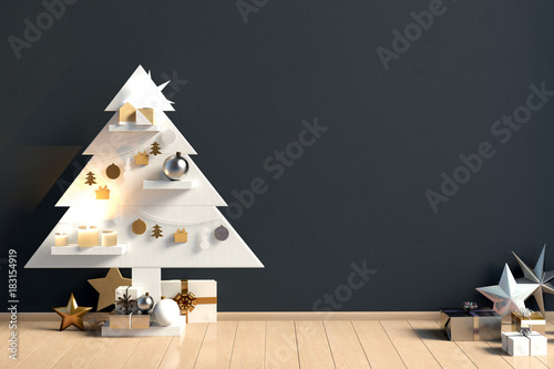 Modern minimalistic Christmas interior, Scandinavian style. 3D illustration. wall mock up