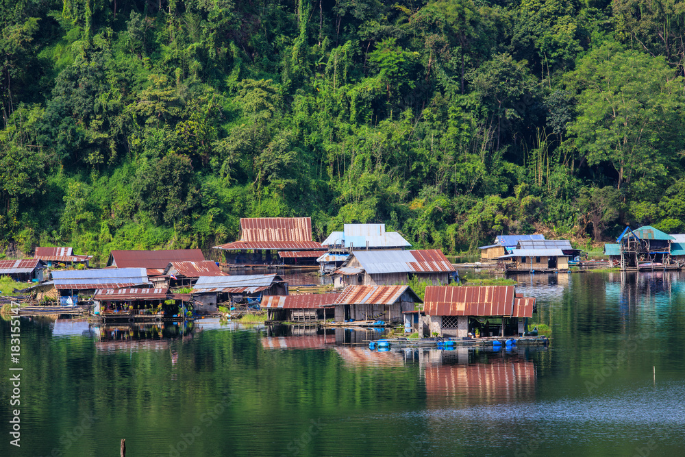 Village of fisherman in Wachiralongkorn dam, Thailand.