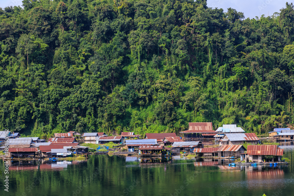 Village of fisherman in Wachiralongkorn dam, Thailand.