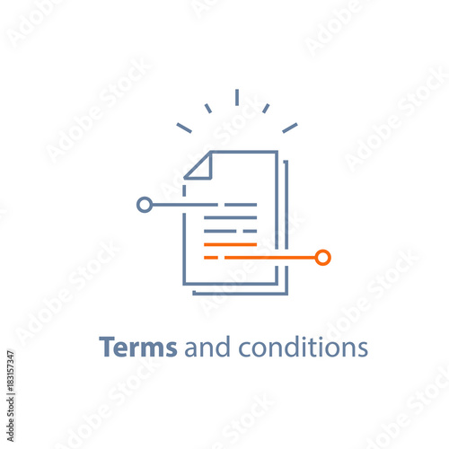 Contract terms and conditions, document paper, writing and storytelling concept, brief summary