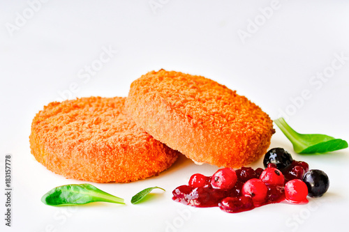 Fried camembert on white background