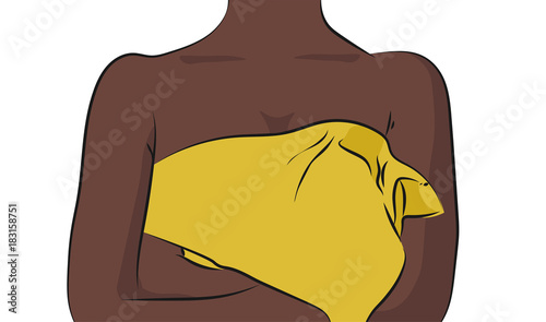 Young woman after shower in towel. Concept of controling breast cancer, self exam after bath