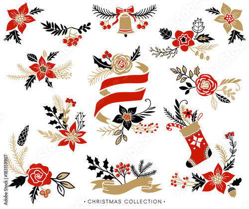 Christmas bouquets, wreaths and floral arrangements. Hand drawn design elements.