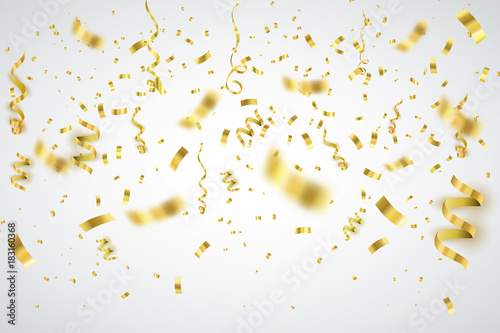 Golden confetti isolated on checkered background. Festive vector illustration