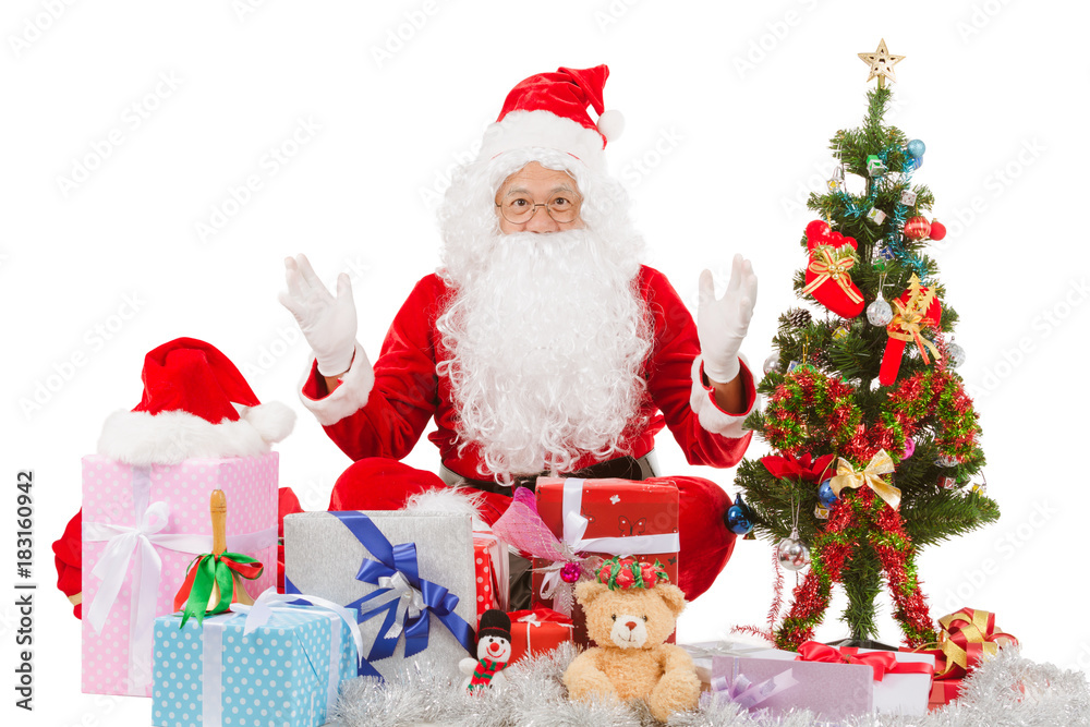 Fototapeta premium Santa Claus shows happy gesture, Christmas and New Year.